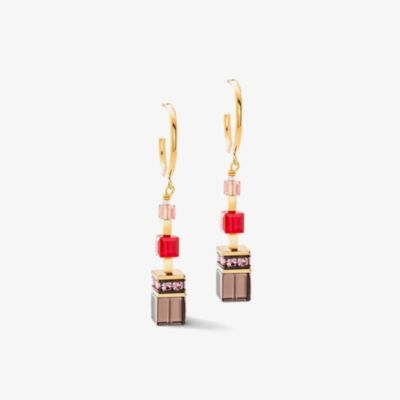 Coeur De Lion GeoCUBE Precious Statement Gold Tone Red Multi Stone Dropper Earrings 3039/21-0316