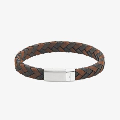 Unique Black & Brown 21cm Leather Braided Stainless Steel Clasp Bracelet B566BD/21CM