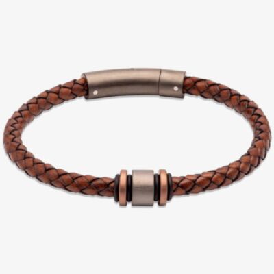 Unique Antique Dark Brown Braided Leather & Gunmetal Steel Clasp 21cm Bracelet B457ADB/21CM