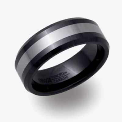 Unique Tungsten Black With Centre Silver 8mm Band Ring TUR-45-58