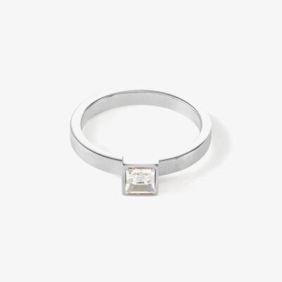 Coeur De Lion Silver Tone Small Brilliant Square Princess Cut Crystal Solitaire Ring 0501/40-1817