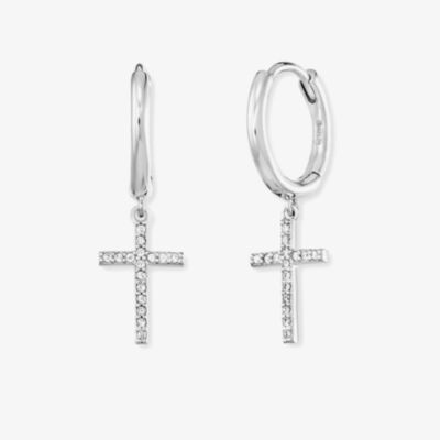Angel Whisperer Silver Cubic Zirconia Cross Dropper Hoop Earrings ERE-LILCROSS-ZI-CR
