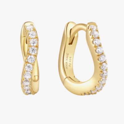 Ania Haie Yellow Gold Tone Plated Pave Cubic Zirconia Wave Huggie Hoop Earrings E079-08G