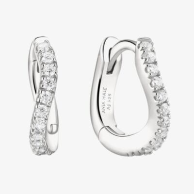 Ania Haie Sterling Silver Pave Cubic Zirconia Wave Huggie Hoop Earrings E079-08H