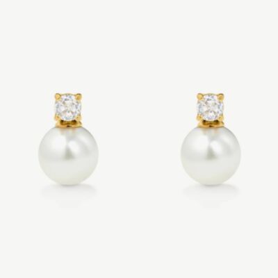 D.Louise Yellow Gold Tone Stainless Steel Simulated Pearl & Cubic Zirconia Drop Stud Earrings YBE-07