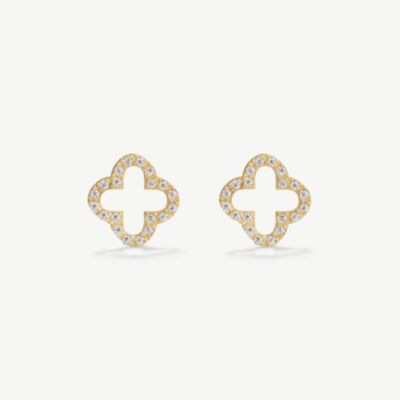 D.Louise Yellow Gold Tone Plated Stainless Steel Pave Clover Stud Earrings SKE-043