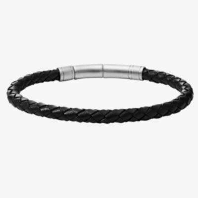 Fossil Jewellery Gents Stainless Steel Black Leather Bracelet JF00510797