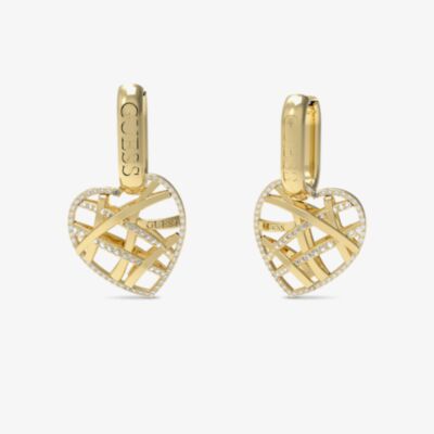 Guess Gold Tone Crystal Heart Cage Huggie Earrings UBE03098YG
