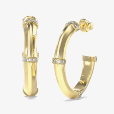 Guess Gold Tone Bamboo Crystal Hoop Earrings UBE05160YG