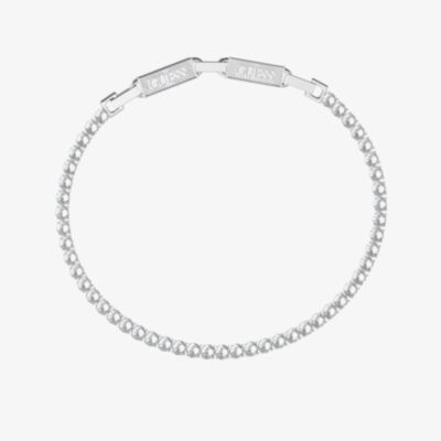 Guess Eternity Silver Tone Crystal Tennis Logo Clasp Bracelet UMB03237ST
