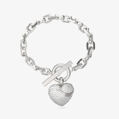 Guess In My Heart Silver Tone Crystal Heart Wave Charm T-Bar Bracelet UBB04496RHL