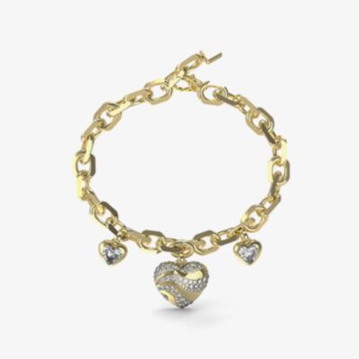 Guess In My Heart Gold Tone Crystal Charm Link Chain Bracelet UBB04500YGL