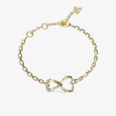Guess Mon Amour Gold Tone Crystal Two Heart Link Bracelet UBB04618YGL