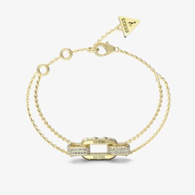 Guess Stylish Gold Tone Crystal Link Double Chain Bracelet UBB04581YGS