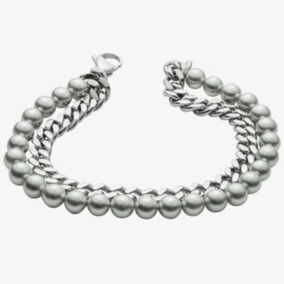 Fred Bennett Everyday Unity Stainless-Steel & Grey Shell Pearl Two Row Bracelet B5440