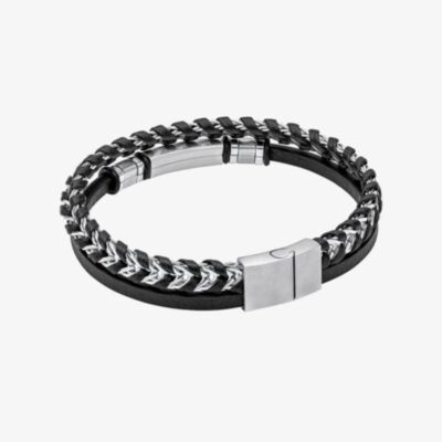 Fred Bennett Stainless Steel & Black Leather Braided Double Bracelet B5574B