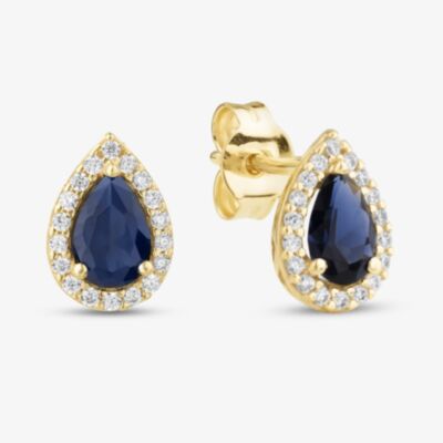 Gold Impression 9ct Yellow Gold Pear Cut Blue Cubic Zirconia Halo Stud Earrings 1.59.1928