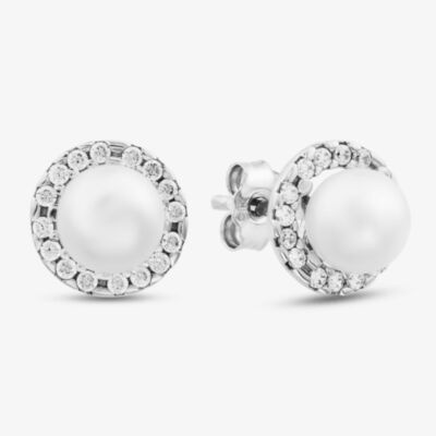 Gold Impression 9ct White Gold Cultured Pearl Crystal Halo Stud Earrings 5.58.7829