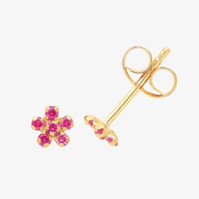 9ct Yellow Gold Red Cubic Zirconia Flower Stud Earrings ES718R