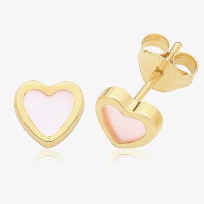 9ct Yellow Gold Pink Mother Of Pearl Heart Stud Earrings ES762