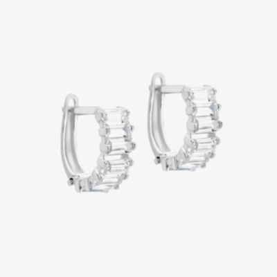 9ct White Gold 11mm Baguette Cut Cubic Zirconia Huggie Hoop Earrings 5.58.3859
