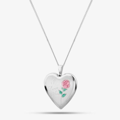 Sterling Silver 20mm Heart 'I Love You' Rose Locket Pendant Necklace 8.65.2591
