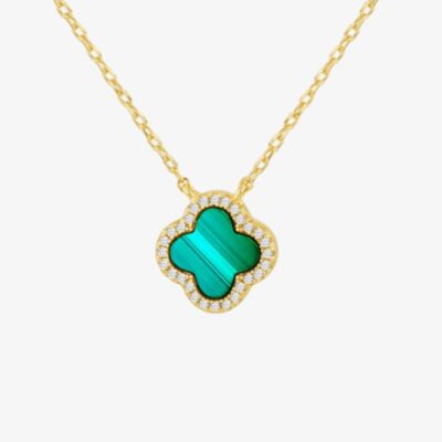 LUXE Silver Gold Plated Malachite & Cubic Zirconia Clover Necklace 8.12.0190