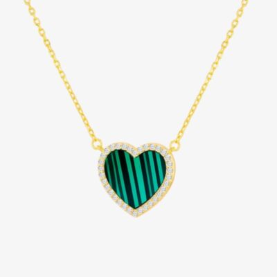LUXE Silver Gold Plated Malachite & Cubic Zirconia Heart Necklace 8.13.7830