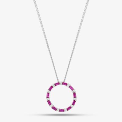 Sterling Silver Red Cubic Zirconia Circle Pendant Necklace S6674
