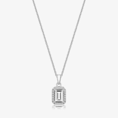 Sterling Silver Emerald Cut Cubic Zirconia Halo Pendant Necklace SPG0027CZ