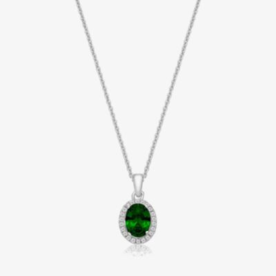 Sterling Silver Green Cubic Zirconia Oval Pendant Necklace SPG0025EM