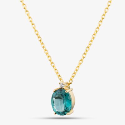 Yellow Gold Tone Plated Sterling Silver Oval Cut Teal Cubic Zirconia Pendant AP14166Z-TMNN-A75/G