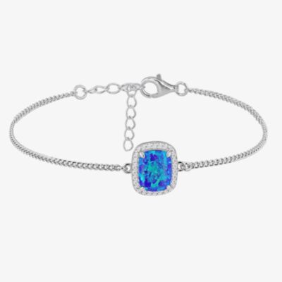 Silver Rectangle Synthetic Blue Opal & White Cubic Zirconia Halo Bracelet 8.20.0300