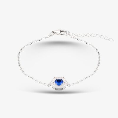 Sterling Silver Rhodium Plated Stone Set Blue Cubic Zircona Hexagon Bracelet  8.24.7942