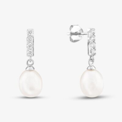 Sterling Silver Freshwater Pearl & Cubic Zirconia Drop Earrings E3385W