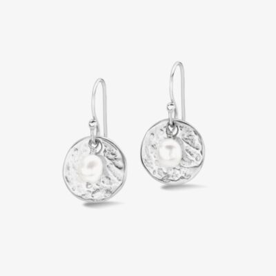 Dower & Hall Sterling Silver Hammered Disc & White Freshwater Pearl Drop Earrings PLE225-S-WP