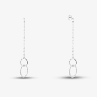 Silver Double Circle Chain Dropper Stud Earrings SE04940A