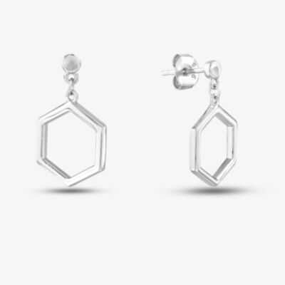 Silver Open Cut Hexagon Dropper Stud Earrings SE06907A