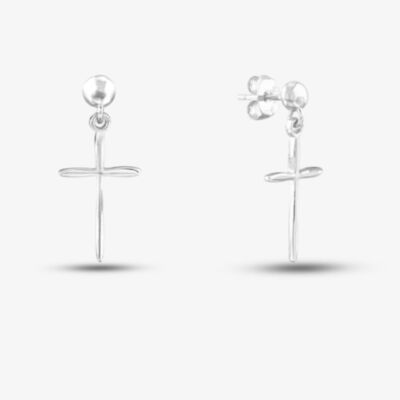 Silver Plain Cross Dropper Stud Earrings SE05581A