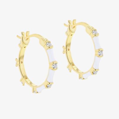 LUXE Silver Gold Plated 20mm Cubic Zirconia & White Enamel Hoop Creole Earrings 8.51.3097