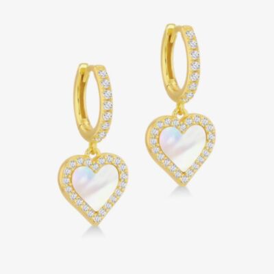 LUXE Silver Gold Plated 10mm Mother Of Pearl & Cubic Zirconia Heart Dropper Hoop Earrings 8.53.0019