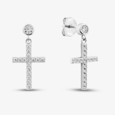 Sterling Silver Rhodium Plated Cross Cubic Zirconia Drop Earrings 8.53.0016