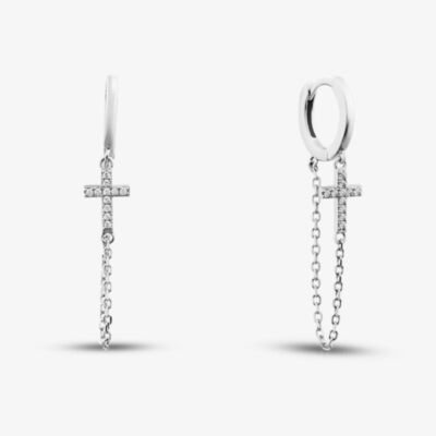 Sterling Silver Rhodium Plated Cubic Zirconia Chained Cross Creole Earrings  8.54.5086