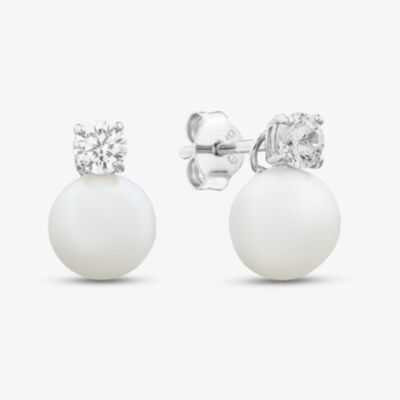 Fashionista Silver Silver Round Cut Cubic Zirconia & Pearl Drop Stud Earrings ERD4+PE8 (BK)