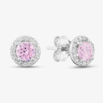 Silver Round Pink Cubic Zirconia Halo Stud Earrings E4442 PINK