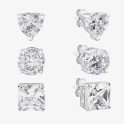 Silver Cubic Zirconia Heart Round Square Set of Three Stud Earrings OJS0036