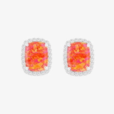 Sterling Silver Rectangular Synthetic Orange Opal & Brilliant Cut Cubic Zirconia Halo Stud Earrings 8.58.0018