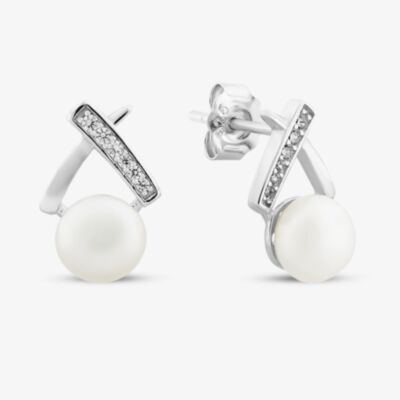 Sterling Silver Cubic Zirconia Pearl X Stud Earrings EOW70169FW