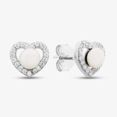 Sterling Silver Cubic Zirconia Heart Pearl Stud Earrings EOW70137FW
