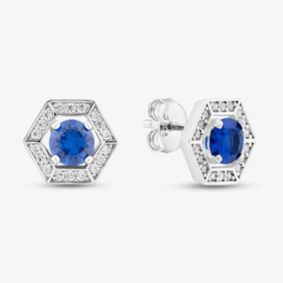 Sterling Silver Rhodium Plated Blue Cubic Zirconia Hexagon Stud Earrings 8.57.0018